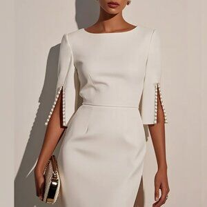 FEHAUTE Classic Sheath Midi Dress w/Pearl Embellished Sleeves, White 4 NWT